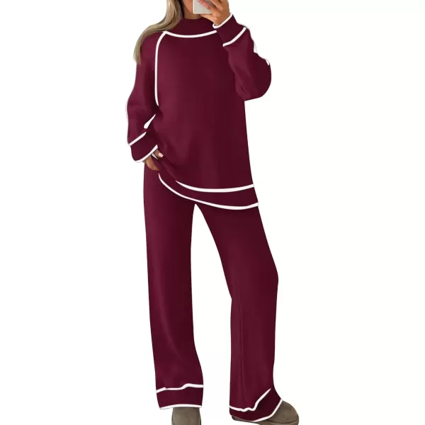 imageZESICA Womens Two Piece Outfits Sweater Sets Long Sleeve Turtleneck Pullover Tops Wide Leg Pants Lounge SetsPlum