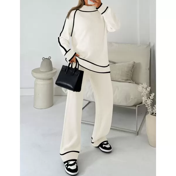 imageZESICA Womens Two Piece Outfits Sweater Sets Long Sleeve Turtleneck Pullover Tops Wide Leg Pants Lounge SetsWhite