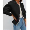 imageZESICA Womens Open Front Cardigan Sweater Casual Knitted Long Sleeve Pearls Trim Outerwear Coat Trendy ClothesBlack