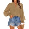 imageZESICA Womens Button Down Shirts 2025 Smocked Cuffed Solid Lantern Long Sleeve Blouse Fall Fashion Casual TopsKhaki