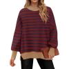 imageZESICA Womens Striped Sweaters Casual Long Sleeve Mock Neck Contrast Color Comfy Loose Knit Pullover TopsWine
