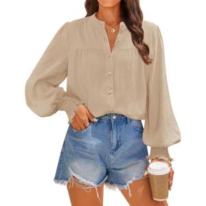 imageZESICA Womens Button Down Shirts 2025 Smocked Cuffed Solid Lantern Long Sleeve Blouse Fall Fashion Casual TopsApricot