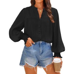 imageZESICA Womens Button Down Shirts 2025 Smocked Cuffed Solid Lantern Long Sleeve Blouse Fall Fashion Casual TopsBlack