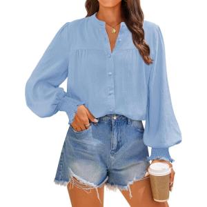 imageZESICA Womens Button Down Shirts 2025 Smocked Cuffed Solid Lantern Long Sleeve Blouse Fall Fashion Casual TopsLight Blue
