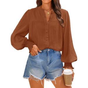 imageZESICA Womens Button Down Shirts 2025 Smocked Cuffed Solid Lantern Long Sleeve Blouse Fall Fashion Casual TopsRust