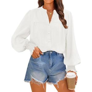 imageZESICA Womens Button Down Shirts 2025 Smocked Cuffed Solid Lantern Long Sleeve Blouse Fall Fashion Casual TopsWhite