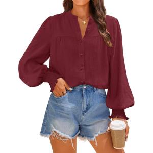 imageZESICA Womens Button Down Shirts 2025 Smocked Cuffed Solid Lantern Long Sleeve Blouse Fall Fashion Casual TopsWine