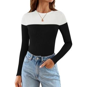 imageZESICA Womens Long Sleeve Crewneck Shirts Spring Knit Color Block Sweaters Slim Fitted Casual Basic Tee TopsBlack