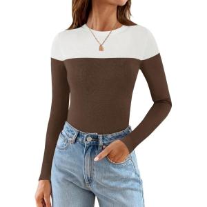 imageZESICA Womens Long Sleeve Crewneck Shirts Spring Knit Color Block Sweaters Slim Fitted Casual Basic Tee TopsCoffee
