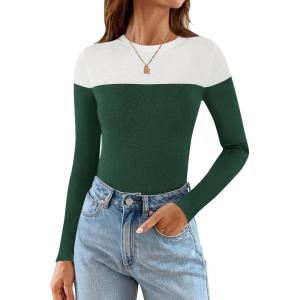 imageZESICA Womens Long Sleeve Crewneck Shirts Spring Knit Color Block Sweaters Slim Fitted Casual Basic Tee TopsDark Green