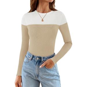 imageZESICA Womens Long Sleeve Crewneck Shirts Spring Knit Color Block Sweaters Slim Fitted Casual Basic Tee TopsSand