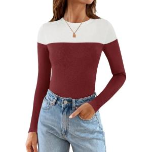 imageZESICA Womens Long Sleeve Crewneck Shirts Spring Knit Color Block Sweaters Slim Fitted Casual Basic Tee TopsWine Red