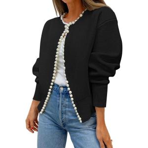 imageZESICA Womens Open Front Cardigan Sweater Casual Knitted Long Sleeve Pearls Trim Outerwear Coat Trendy ClothesBlack
