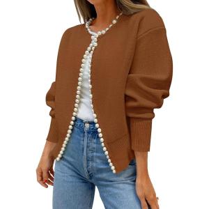 imageZESICA Womens Open Front Cardigan Sweater Casual Knitted Long Sleeve Pearls Trim Outerwear Coat Trendy ClothesBrown