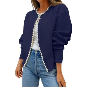 imageZESICA Womens Open Front Cardigan Sweater Casual Knitted Long Sleeve Pearls Trim Outerwear Coat Trendy ClothesDark Purple
