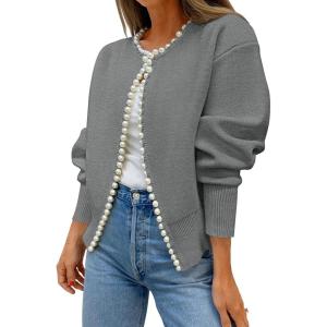 imageZESICA Womens Open Front Cardigan Sweater Casual Knitted Long Sleeve Pearls Trim Outerwear Coat Trendy ClothesGrey