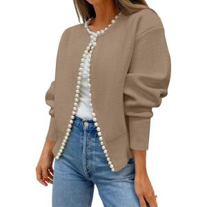 imageZESICA Womens Open Front Cardigan Sweater Casual Knitted Long Sleeve Pearls Trim Outerwear Coat Trendy ClothesKhaki