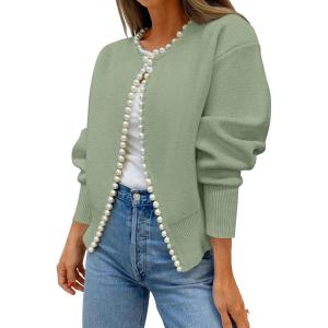 imageZESICA Womens Open Front Cardigan Sweater Casual Knitted Long Sleeve Pearls Trim Outerwear Coat Trendy ClothesPea Green