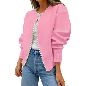 imageZESICA Womens Open Front Cardigan Sweater Casual Knitted Long Sleeve Pearls Trim Outerwear Coat Trendy ClothesPink