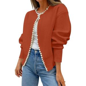 imageZESICA Womens Open Front Cardigan Sweater Casual Knitted Long Sleeve Pearls Trim Outerwear Coat Trendy ClothesRust