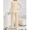 imageZESICA Womens 2 Piece Lounge Sets 2025 Fall Long Sleeve Striped Knit Fitted Tops Wide Leg Pants Pajama Sets OutfitsApricot
