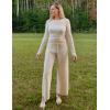 imageZESICA Womens 2 Piece Lounge Sets 2025 Fall Long Sleeve Striped Knit Fitted Tops Wide Leg Pants Pajama Sets OutfitsApricot