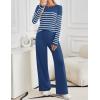 imageZESICA Womens 2 Piece Lounge Sets 2025 Fall Long Sleeve Striped Knit Fitted Tops Wide Leg Pants Pajama Sets OutfitsBlue