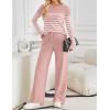 imageZESICA Womens 2 Piece Lounge Sets 2025 Fall Long Sleeve Striped Knit Fitted Tops Wide Leg Pants Pajama Sets OutfitsPink