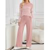 imageZESICA Womens 2 Piece Lounge Sets 2025 Fall Long Sleeve Striped Knit Fitted Tops Wide Leg Pants Pajama Sets OutfitsPink