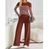 imageZESICA Womens 2 Piece Lounge Sets 2025 Fall Long Sleeve Striped Knit Fitted Tops Wide Leg Pants Pajama Sets OutfitsRust