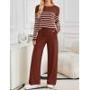 imageZESICA Womens 2 Piece Lounge Sets 2025 Fall Long Sleeve Striped Knit Fitted Tops Wide Leg Pants Pajama Sets OutfitsRust