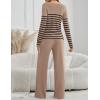 imageZESICA Womens 2 Piece Lounge Sets 2025 Fall Long Sleeve Striped Knit Fitted Tops Wide Leg Pants Pajama Sets OutfitsToffee