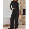 imageZESICA Womens 2 Piece Outfits Set 2025 Casual Long Sleeve Ruched Fitted Crop Top Wide Leg Pants Knit Lounge SetsBlack