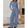 imageZESICA Womens 2 Piece Outfits Set 2025 Casual Long Sleeve Ruched Fitted Crop Top Wide Leg Pants Knit Lounge SetsBlue