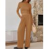 imageZESICA Womens 2 Piece Outfits Set 2025 Casual Long Sleeve Ruched Fitted Crop Top Wide Leg Pants Knit Lounge SetsBrown