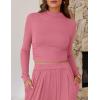 imageZESICA Womens 2 Piece Outfits Set 2025 Casual Long Sleeve Ruched Fitted Crop Top Wide Leg Pants Knit Lounge SetsPink