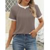 imageZESICA Womens Casual Short Sleeve Pleated Shirts 2025 Summer Dressy Crewneck Color Block TopsCoffee Grey