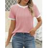 imageZESICA Womens Casual Short Sleeve Pleated Shirts 2025 Summer Dressy Crewneck Color Block TopsPink