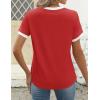 imageZESICA Womens Casual Short Sleeve Pleated Shirts 2025 Summer Dressy Crewneck Color Block TopsRed