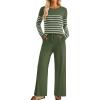 imageZESICA Womens 2 Piece Lounge Sets 2025 Fall Long Sleeve Striped Knit Fitted Tops Wide Leg Pants Pajama Sets OutfitsArmy Green
