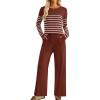 imageZESICA Womens 2 Piece Lounge Sets 2025 Fall Long Sleeve Striped Knit Fitted Tops Wide Leg Pants Pajama Sets OutfitsRust