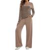 imageZESICA Womens 2 Piece Lounge Sets 2025 Fall Long Sleeve Striped Knit Fitted Tops Wide Leg Pants Pajama Sets OutfitsToffee