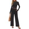 imageZESICA Womens 2 Piece Outfits Set 2025 Casual Long Sleeve Ruched Fitted Crop Top Wide Leg Pants Knit Lounge SetsBlack