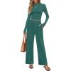 imageZESICA Womens 2 Piece Outfits Set 2025 Casual Long Sleeve Ruched Fitted Crop Top Wide Leg Pants Knit Lounge SetsGreen