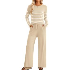 imageZESICA Womens 2 Piece Lounge Sets 2025 Fall Long Sleeve Striped Knit Fitted Tops Wide Leg Pants Pajama Sets OutfitsApricot