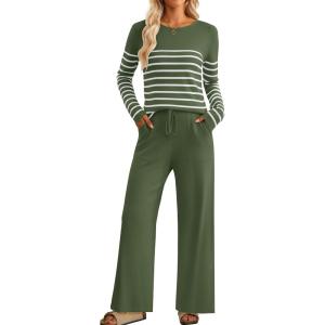 imageZESICA Womens 2 Piece Lounge Sets 2025 Fall Long Sleeve Striped Knit Fitted Tops Wide Leg Pants Pajama Sets OutfitsArmy Green