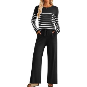 imageZESICA Womens 2 Piece Lounge Sets 2025 Fall Long Sleeve Striped Knit Fitted Tops Wide Leg Pants Pajama Sets OutfitsBlack