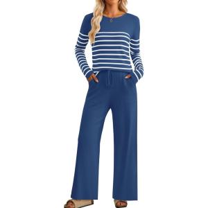 imageZESICA Womens 2 Piece Lounge Sets 2025 Fall Long Sleeve Striped Knit Fitted Tops Wide Leg Pants Pajama Sets OutfitsBlue