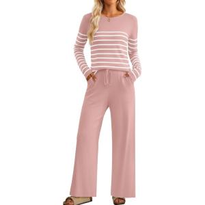 imageZESICA Womens 2 Piece Lounge Sets 2025 Fall Long Sleeve Striped Knit Fitted Tops Wide Leg Pants Pajama Sets OutfitsPink