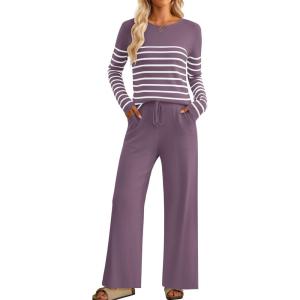imageZESICA Womens 2 Piece Lounge Sets 2025 Fall Long Sleeve Striped Knit Fitted Tops Wide Leg Pants Pajama Sets OutfitsTaro